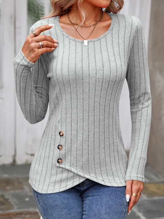 Decorative Button Round Neck Long Sleeve T-Shirt Yuley's Interesting Things Gray-2XL Top 19.62 %picture_angle%