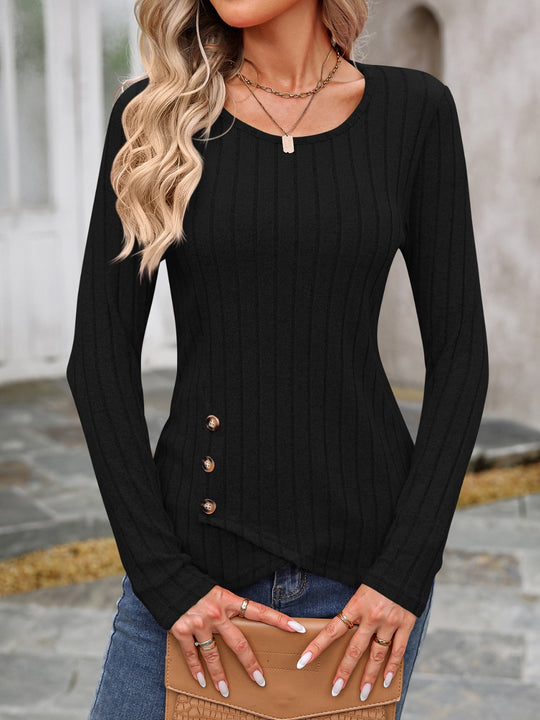 Decorative Button Round Neck Long Sleeve T-Shirt Yuley's Interesting Things  Top  %picture_angle%