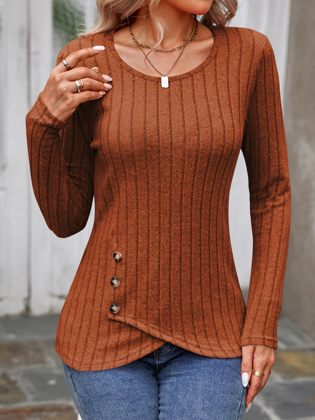 Decorative Button Round Neck Long Sleeve T-Shirt Yuley's Interesting Things Caramel-2XL Top 19.62 %picture_angle%