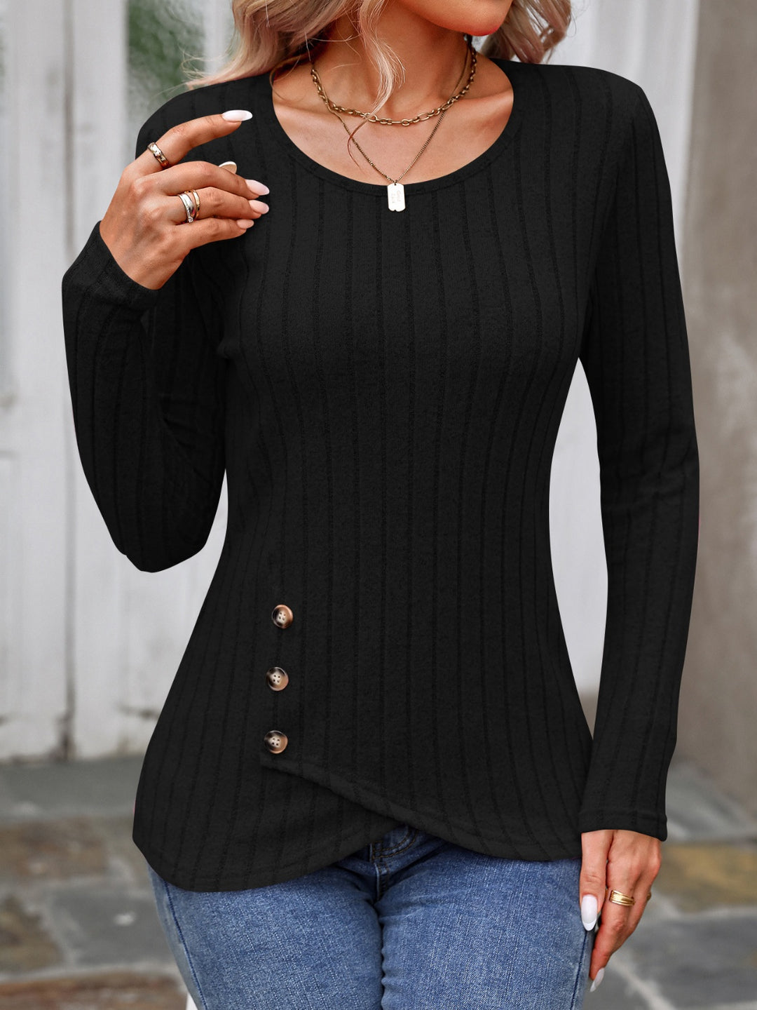 Decorative Button Round Neck Long Sleeve T-Shirt Yuley's Interesting Things  Top  %picture_angle%