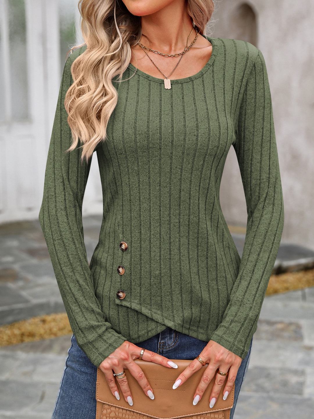 Decorative Button Round Neck Long Sleeve T-Shirt Yuley's Interesting Things Moss-2XL Top 19.62 %picture_angle%